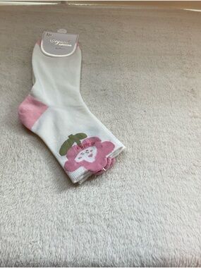 Cropped White & Pink Floral Crew Socks -